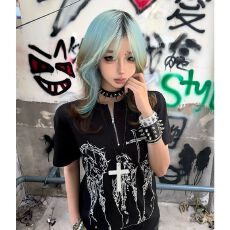 批发-正肩印花拉链<b class='q'>街头</b>女夏季y2k朋克短袖T恤宽松亚文化情侣上衣