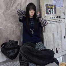 批发-美式<b class='q'>街头</b>假两件长袖t恤女春复古条纹拼接设计感上衣vintage