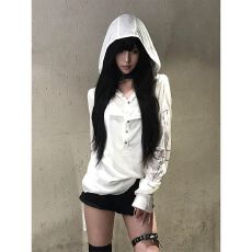 批发-亚文化假两件<b class='q'>长袖</b>上衣女早秋薄款防晒罩衫连帽卫衣外套视觉