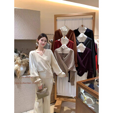 批发2025秋冬款不规则v领系带针织毛衣时尚设计厂家直销可定制