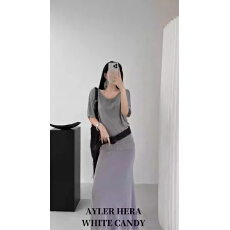 批发HERA度假风斜肩针织衫+高腰显瘦包臀半身裙两件套高级感冰丝套装