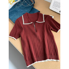 批发半拉链短款撞色宽松针织T恤女2025<b class='q'>秋</b>季新品显瘦气质修身上衣短袖