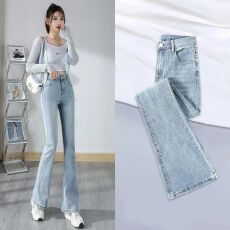 批发浅蓝紧身<b class='q'>弹力</b>加绒<b class='q'>牛仔裤</b>女秋冬复古高腰直筒显瘦修身微喇叭休闲裤