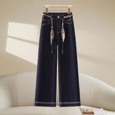 批发2026深蓝色阔腿微喇牛仔裤女秋<b class='q'>冬</b>新款高腰显瘦宽松长裤休闲筒喇裤