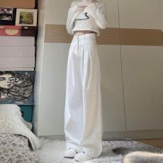 高腰白色阔腿牛仔裤女夏季2025新款大码小个子宽松垂感弯刀直筒裤