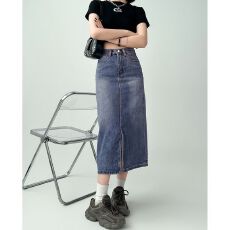 批发设计感高腰牛仔<b class='q'>半身</b>裙女中长款韩版开叉直筒一步裙<b class='q'>包臀</b>