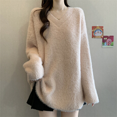 批发欧美跨境2025秋冬V领羊绒衫女显白樱花粉包臀长款水貂毛上衣