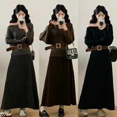 批发实拍 法式复古长袖打底高腰半身裙女套装秋<b class='q'>冬</b>修身气质穿搭一整套