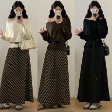 批发实拍<b class='q'>大码</b><b class='q'>女装</b>秋冬<b class='q'>超</b>火搭配一整套高级感带皮带针织毛衣两件套装