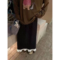 批发气质蕾丝花边下摆波点丝绒半身裙加绒甜美高腰显瘦直筒中<b class='q'>长裙</b>