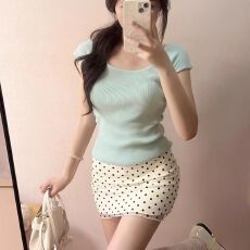 批发韩系正肩短袖针织衫女夏季温柔风纯欲<b class='q'>气质</b>薄荷绿T恤修身显瘦上衣