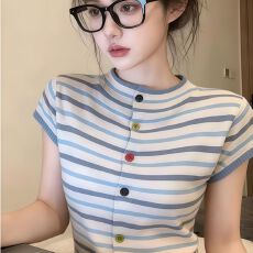 批发2026春夏新款韩系简约百搭慵懒风条纹轻薄洋气针织上衣