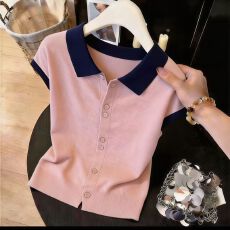 批发2026夏季新款韩版撞色简约翻领短袖针织<b class='q'>衫</b>女气质百搭显瘦减龄上衣