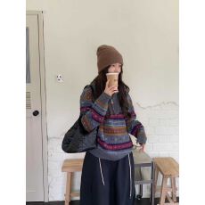 批发韩国chic秋冬新款法式费尔岛提花半拉链高领毛衣女宽松慵懒<b class='q'>针织</b>衫