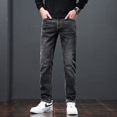 批发黑色棉弹面料欧美简约通勤风重工洗水精工<b class='q'>时尚</b>直筒牛仔裤休闲裤男