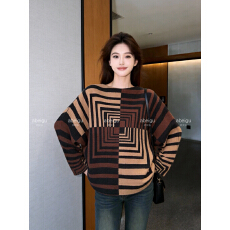 批发褶家日系撞色条纹女新款<b class='q'>大码</b>宽松通勤简约休闲圆领上衣<b class='q'>打底衫</b>