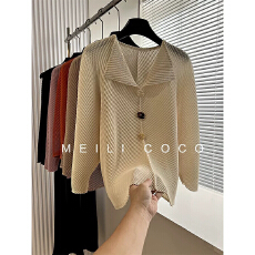 批发褶家高端褶皱三宅衬衫女2025秋新款减龄纯色显瘦气质翻领上衣小衫