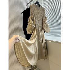 批发褶家高端三宅风钉珠圆领公主袖气质淑女宴会<b class='q'>礼服</b>女秋季新款连衣<b class='q'>裙</b>