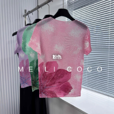 褶家三宅褶皱时尚短袖女2026新款花朵印花气质显瘦弹力上衣T小衫