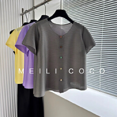 批发褶家三宅褶皱时尚纯色甜美彩色扣女新款清新<b class='q'>圆领</b>短袖<b class='q'>开衫</b>上衣小衫