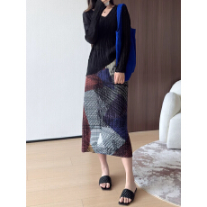 批发褶家夏日渡假~三宅风艺术印花女减龄休闲高腰百褶包臀<b class='q'>裙子</b>半身裙