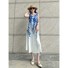 批发褶家宽松休闲蓝色印花裙子三宅<b class='q'>夏</b>季今年流行漂亮的褶皱连衣<b class='q'>连衣裙</b>