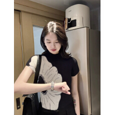 批发褶家法式气质<b class='q'>个性</b>修身黑色小众镂空钩花显瘦半高领打底上衣小衫