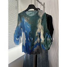 批发褶家三宅褶皱春季新款时尚撞色圆领显瘦百搭渐变<b class='q'>T</b><b class='q'>恤</b>上衣女小衫