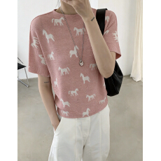 批发褶家粉色小马印花上衣夏季百搭休闲减龄<b class='q'>可爱</b>风温柔内搭短袖T恤