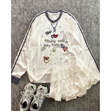 批发原版做工 大码200斤美式条纹v领长袖<b class='q'>t</b><b class='q'>恤</b>女秋季胖MM<b class='q'>潮牌</b>运动风