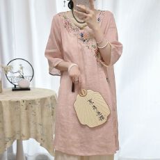 批发改良<b class='q'>旗袍</b>春夏新款新中式国风纯棉复古刺绣禅意茶服中袖连衣裙女