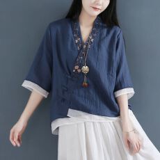 批发斜襟三盘扣中袖纯棉假两件<b class='q'>衬衫</b>女上衣新款中国风复古茶服棉麻开衫