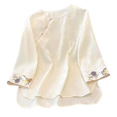 批发新中式内搭改良国风斜襟上衣七分袖提花刺绣女士<b class='q'>衬衫</b><b class='q'>气质</b>宽松百搭