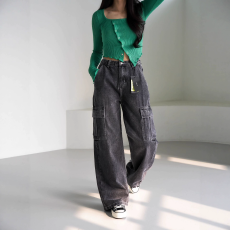 批发美式大口袋工装牛仔裤男女秋季新款潮牌宽松水洗复古直筒阔腿长裤