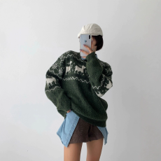 批发费尔岛复古提花羊毛混纺毛衣女宽松休闲外穿针织衫5针纱线轻暖