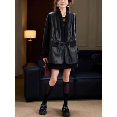 批发港式复古拼接V领外套潮牌男女春季宽松百搭休闲夹克中长款pu上衣