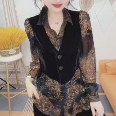 批发外贸时尚长袖<b class='q'>衬衫</b>女假两件秋冬新款宽松女装印花上衣中长款