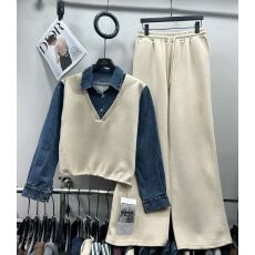 批发设计感牛仔<b class='q'>衬衫</b>领拼接假两件上衣长裤套装女2025秋时尚气质两件套