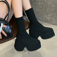 批发9cm厚底坡跟大码朋克女秋冬弹力短靴增高鞋42码四季裸靴套筒
