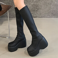 批发11cm圆头大码坡跟厚底弹力裸靴<b class='q'>简约</b>套筒四季女鞋跨境43码