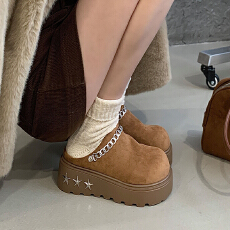 批发厚底秋冬加绒小个子懒人包头增高脚蹬拖鞋40码勃肯复古女外穿单鞋