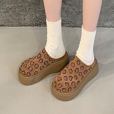批发厚底秋冬加绒懒人豹纹包头增高脚蹬拖鞋40码勃肯复古女外穿单鞋