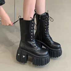 批发粗跟防水台圆头高跟冬大码40码增高女靴单里四季女短靴马丁靴