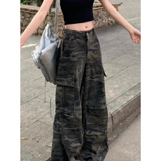 批发迷彩工装<b class='q'>牛仔裤</b>女2025年秋季新款设计感高腰显瘦宽松垂感拖地长裤