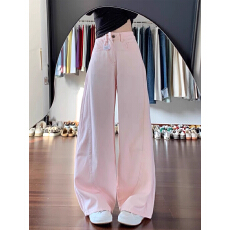 批发粉色阔腿<b class='q'>牛仔裤</b>女秋季新款高腰宽松百搭垂感弯刀直筒休闲拖地长裤