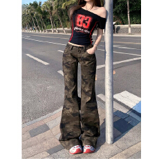 批发美式<b class='q'>迷彩</b>微喇低腰牛仔<b class='q'>裤</b>女2025秋季新款复古显瘦不贴腿工装喇叭<b class='q'>裤</b>