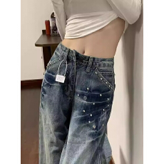 批发美式复古<b class='q'>钉珠</b>阔腿<b class='q'>牛仔裤</b>女秋冬2025新款小众设计感复古宽松直筒裤