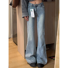 批发浅蓝色辣妹低腰牛仔<b class='q'>裤</b>女秋季新款复古<b class='q'>宽松</b>阔腿显瘦微喇叭直筒<b class='q'>裤</b>子