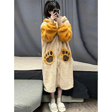 卡通珊瑚绒连帽睡衣女冬季新款保暖加绒加厚毛绒绒家居服睡裙睡袍
