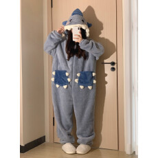 小鲨鱼可爱卡通保暖珊瑚绒睡衣女冬季加厚加绒连体衣家居服